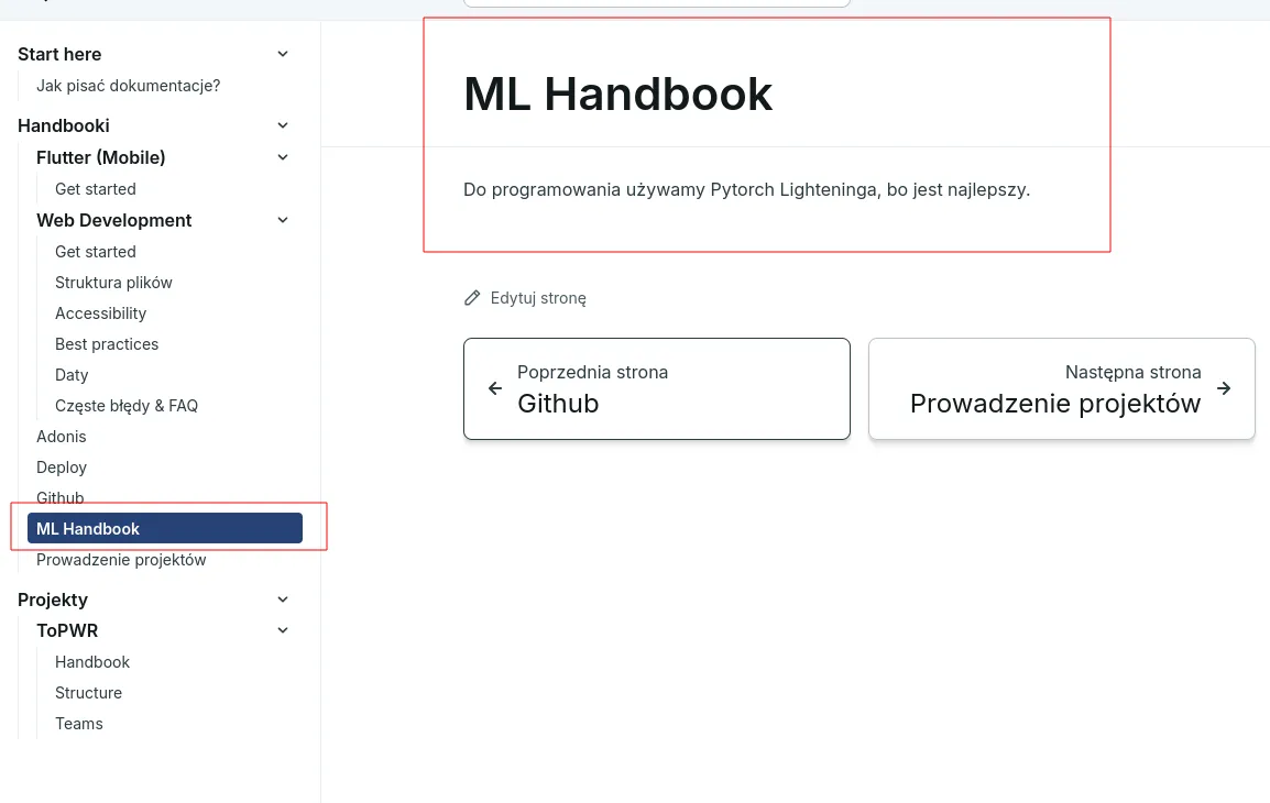 Zaznaczone na czerwono po lewej w nawigacji "ML Handbook" i strona z samym handbookiem